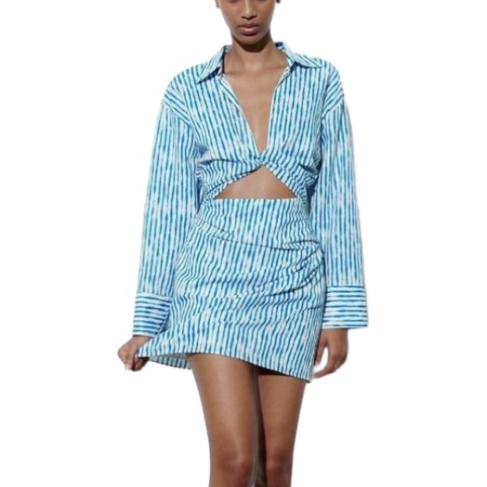 NWT Zara Blue & White Striped Linen Blend Cutout Midriff Twist Mini Dress - XS